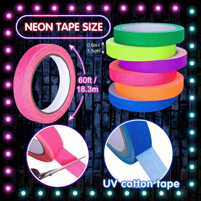Whaline 6 Colors Neon Gaffer Cloth Tape, Fluorescent UV Blacklight Tape for UV Party (0.6 inch x 60 feet) - Image 2