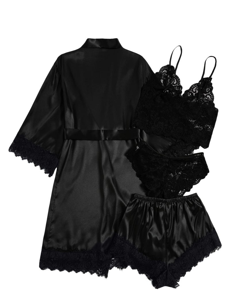 WDIRARA Women' Silk Satin Pajamas Set 4pcs Lingerie Floral Lace Cami Sleepwear with Robe Black Belted M - Image 2