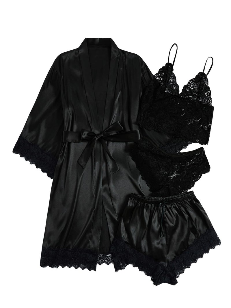 WDIRARA Women' Silk Satin Pajamas Set 4pcs Lingerie Floral Lace Cami Sleepwear with Robe Black Belted M - Image 1