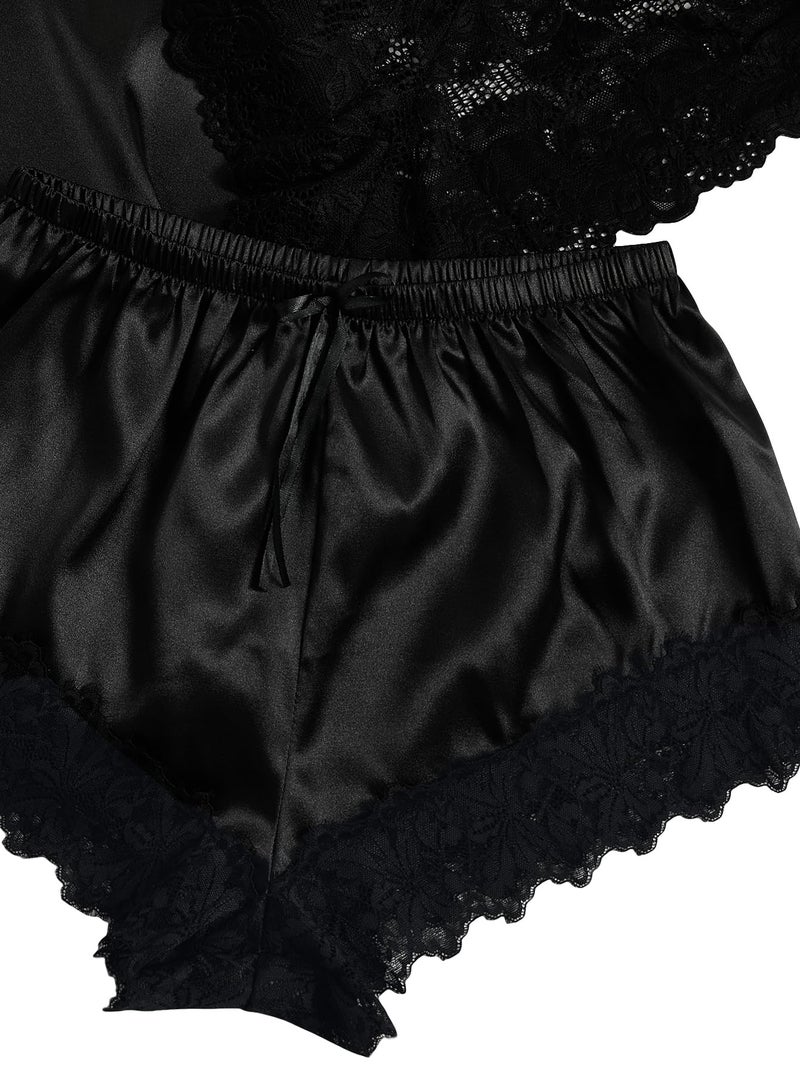 WDIRARA Women' Silk Satin Pajamas Set 4pcs Lingerie Floral Lace Cami Sleepwear with Robe Black Belted M - Image 3