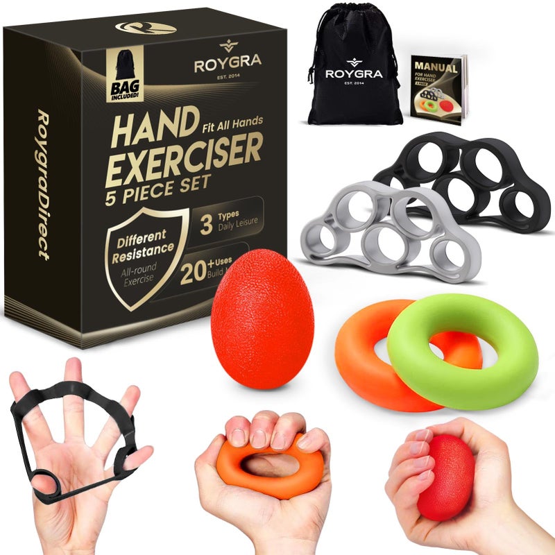 roygra Grip Strength Trainer (5 Pack), Forearm Strengthener, Stress Balls for Adults, Hand Strengthening Devices, Wrist Finger Strengthener, Physical Therapy Exercise Equipment, Golf Baseball Climbing - Image 1