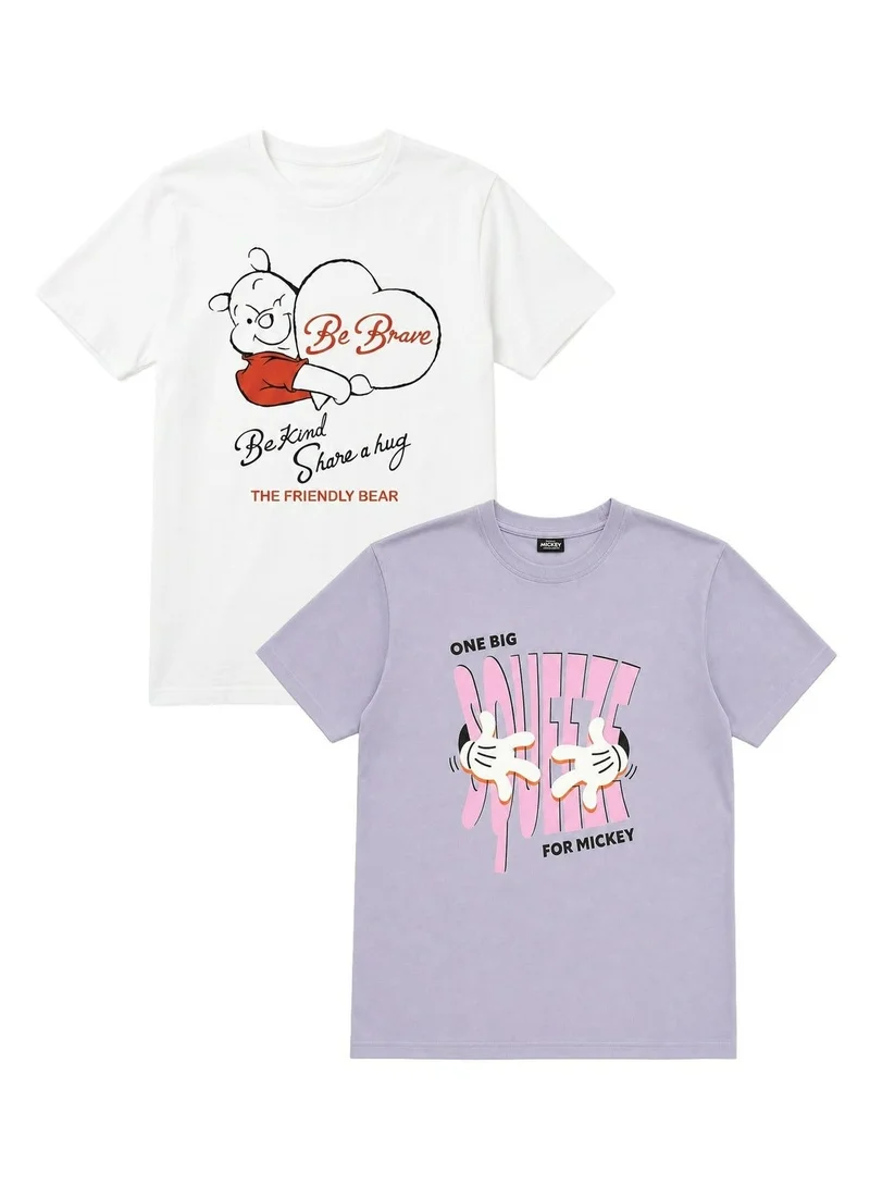 Disney Disney Women's Graphic T-Shirt Pack of 2 | Winnie the Pooh & Mickey Mouse Casual Crew Neck Tees | Soft Cotton Short Sleeve Character T-Shirts for Women
