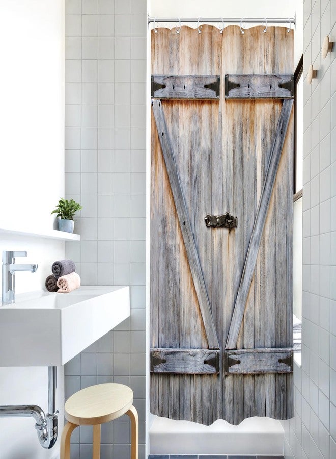 Riyidecor Rustic Small Barn Door Shower Curtain 36Wx72H Outdoor Stall 36 Inch Half Single Stand Up Shower Curtain Country Barnwood Decor Fabric Polyester Waterproof 7 Pack Plastic Hooks - Image 2