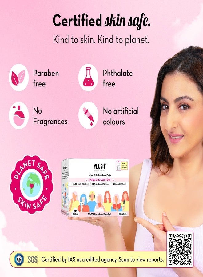 Plush Ultra-Thin Sanitary Pads For Women, 30 Cotton Sanitary Napkins | 14 Medium Flow XL + 16 Light Flow L + 4 Panty Liners For Rash Free Periods | Pure U.S. Cotton Pads With Disposable Pouch - Image 5