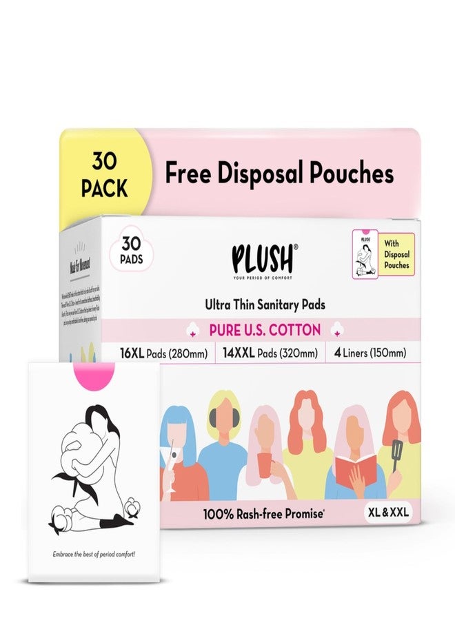 Plush Ultra-Thin Sanitary Pads For Women, 30 Cotton Sanitary Napkins | 14 Medium Flow XL + 16 Light Flow L + 4 Panty Liners For Rash Free Periods | Pure U.S. Cotton Pads With Disposable Pouch - Image 1