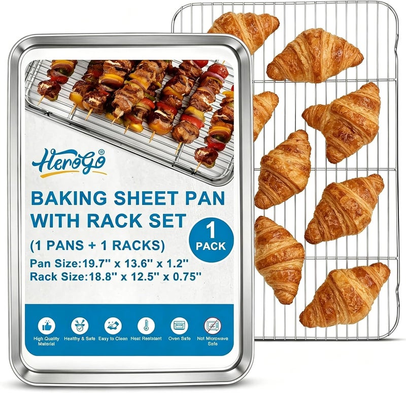 Herogo Large Baking Sheet with Wire Rack Set(1 Pans + 1 Racks), 20 x 14 x 1 Inch Stainless Steel Big Cookie Pan Set for Baking & Roasting, Rust & Warp Resistant & Nonstick - Image 1