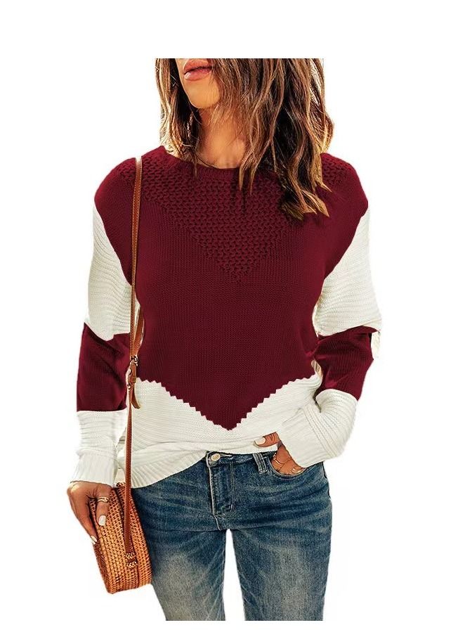 Loquat Women's Autumn And Winter New Round Neck Contrast Color Sweater 