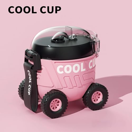 KERFORA Leakproof Large Capacity Cool Car Sports Water Bottle Cute Cartoon Design, BPA-Free for Outdoor Activities with Straw and Adjustable Strap (Cool Cup, Pink) - Image 5