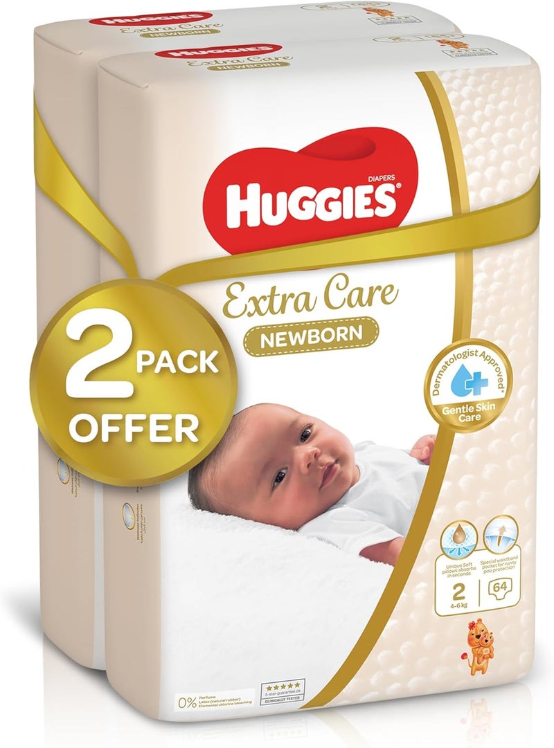 HUGGIES حفاضات هاجيز إكسترا كير لحديثي الولادة، الحجم 2، 128 قطعة - Image 2