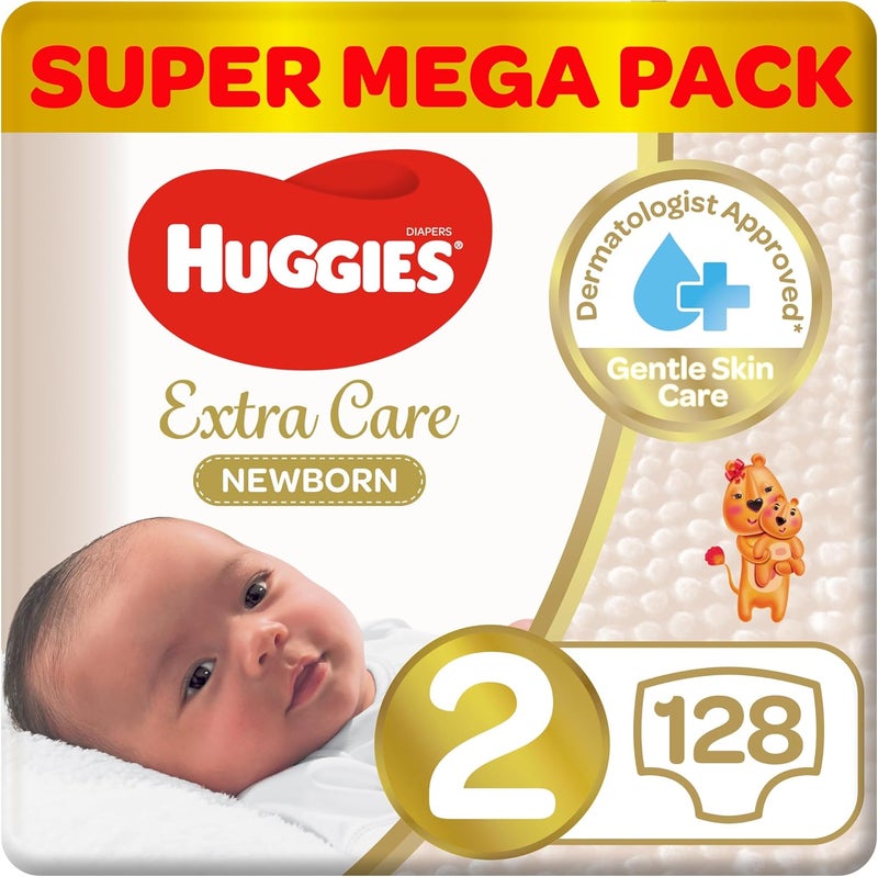 HUGGIES حفاضات هاجيز إكسترا كير لحديثي الولادة، الحجم 2، 128 قطعة - Image 1