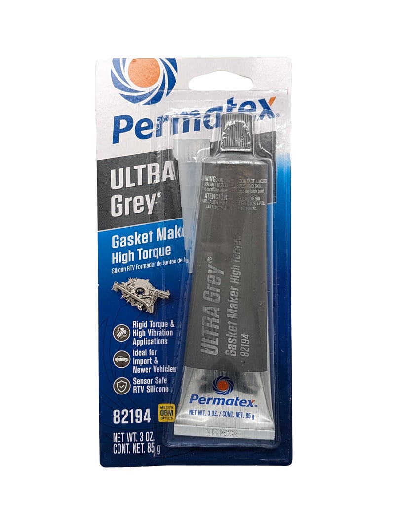 Permatex 82194 Ultra Grey Rigid High-Torque RTV Silicone Gasket Maker, Sensor Safe And Non-Corrosive, For High Torque And Vibration Resistant Applications, 3 oz