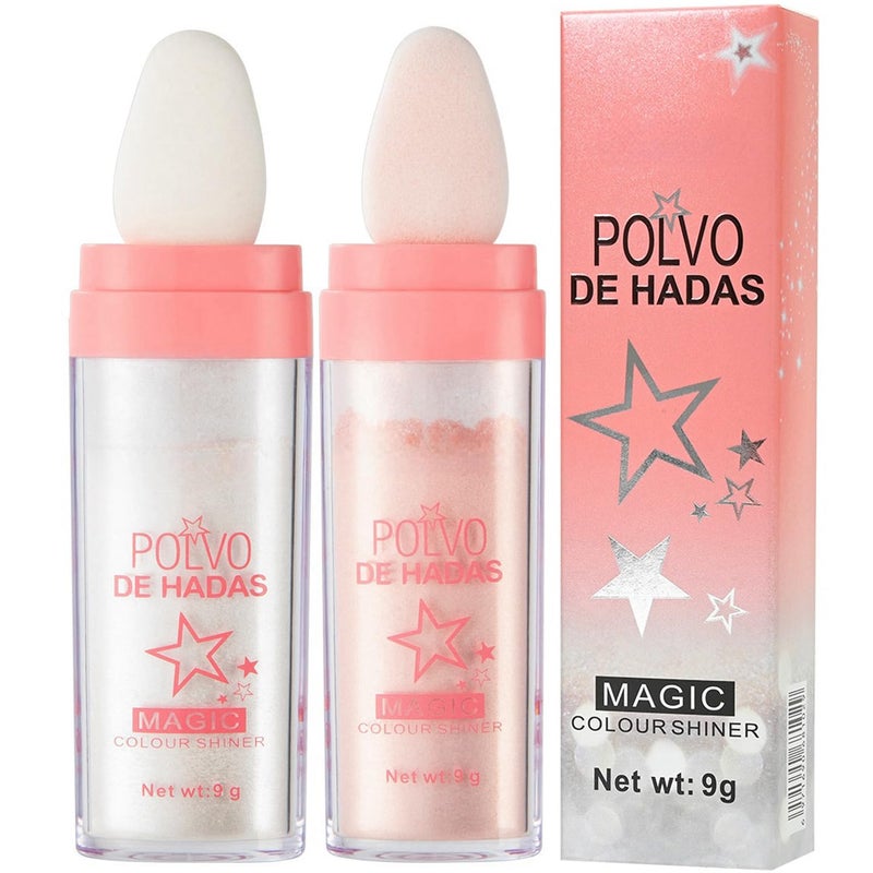 2PCS Polvo De Hadas Fairy Dust Highlight Patting Powder  Full Body Contouring and Clavicle Pearlescent Patting Powder for Face and Eye Christmas Sparkling Body Glitter Powder 01 White  02 Pink