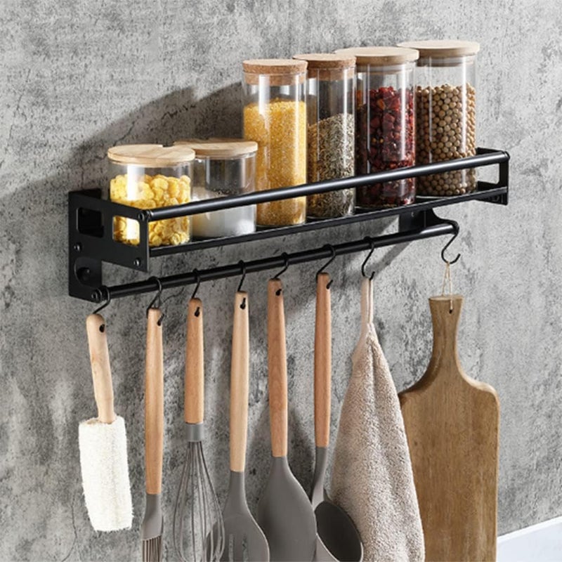 EigPluy Hook Rack for Kitchen Utensils, Adhesive/Drilling, 2-Way Install, Kitchen Hook Rack with 8 Hooks, 40 cm Wall Mounted Kitchen Utensil Organiser Rack - Image 1
