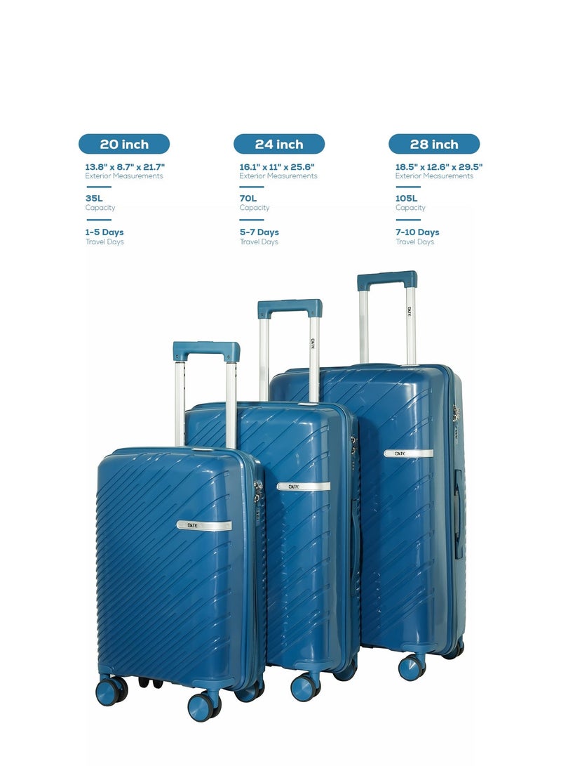 KTMC 3-Piece Polypropylene Luggage Set (20″/24″/28″) Carry-On & Checked Suitcases, Pearl Blue H-8882 - Image 3