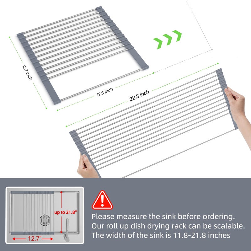 BBXTYLY Expandable Roll Up Dish Drying Rack Up to 22.8''with 2 Storage Baskets,Over The Sink Kitchen Rolling up Dish Drainer Drying Rack, Foldable,Rollable,for Kitchen Dishes(Expandable Width Size) - Image 2