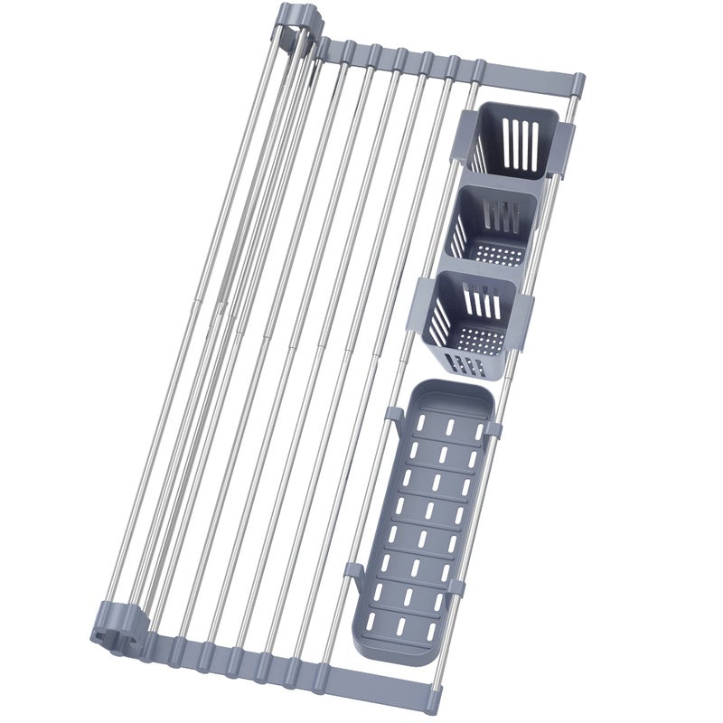 BBXTYLY Expandable Roll Up Dish Drying Rack Up to 22.8''with 2 Storage Baskets,Over The Sink Kitchen Rolling up Dish Drainer Drying Rack, Foldable,Rollable,for Kitchen Dishes(Expandable Width Size) - Image 1