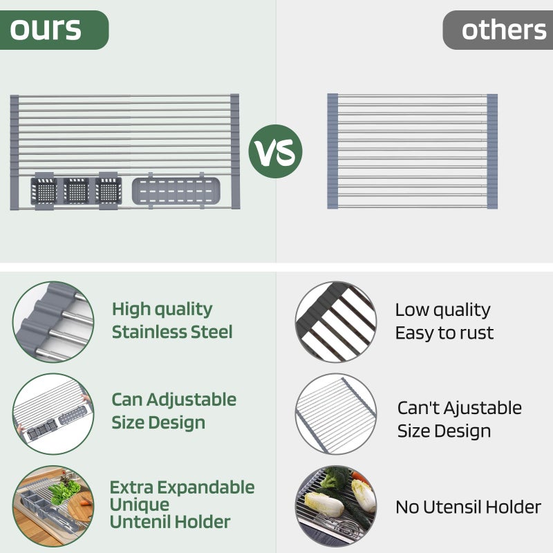 BBXTYLY Expandable Roll Up Dish Drying Rack Up to 22.8''with 2 Storage Baskets,Over The Sink Kitchen Rolling up Dish Drainer Drying Rack, Foldable,Rollable,for Kitchen Dishes(Expandable Width Size) - Image 4