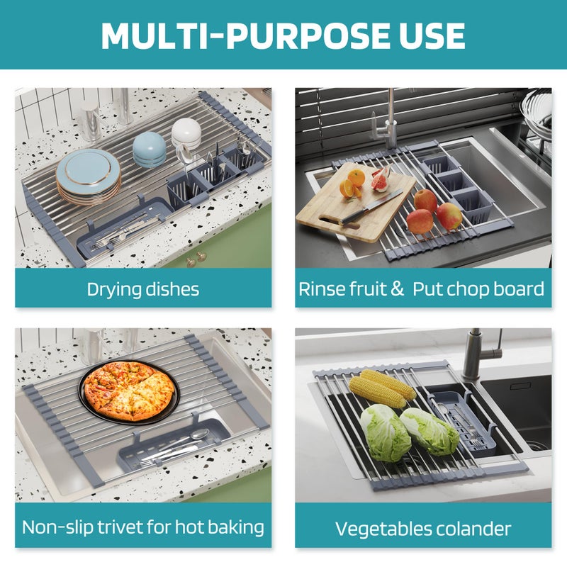 BBXTYLY Expandable Roll Up Dish Drying Rack Up to 22.8''with 2 Storage Baskets,Over The Sink Kitchen Rolling up Dish Drainer Drying Rack, Foldable,Rollable,for Kitchen Dishes(Expandable Width Size) - Image 5