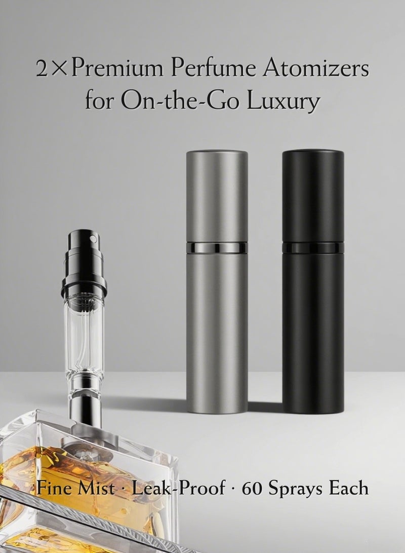 2PCS 5ml Refillable Perfume Atomizer Set – Bottom-Fill Spray Bottles with Adapters | Pocket Size (3.46in x 0.75in) | Matte Black & Stardust Grey | Leakproof, Travel-Friendly  - Image 1