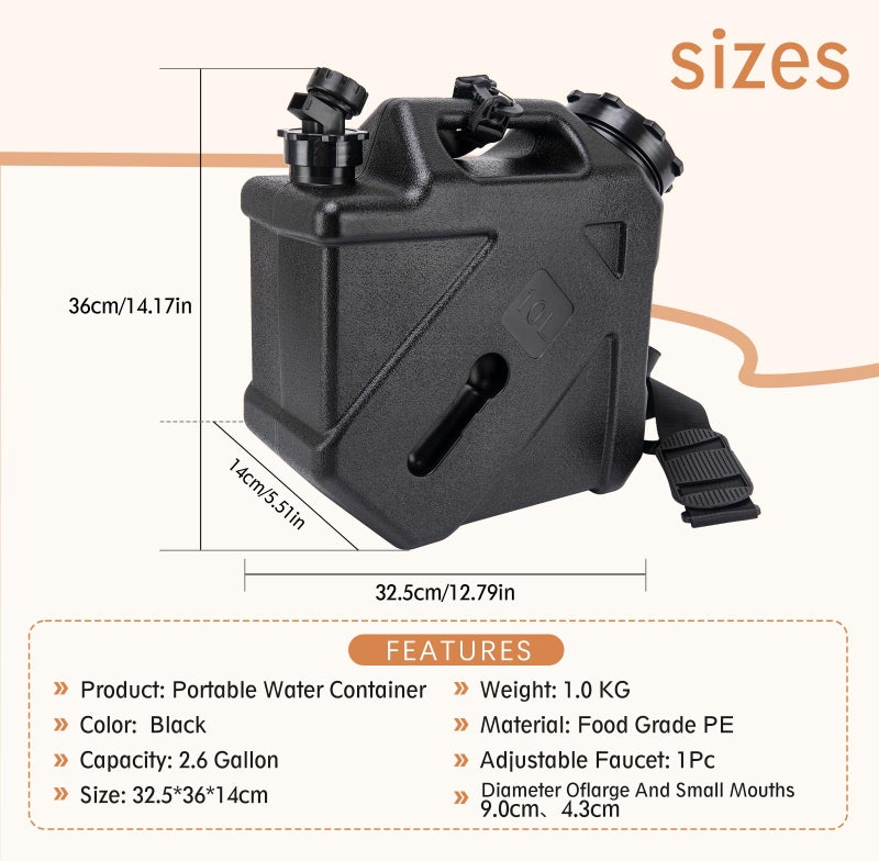 JOHAHTANG Camping Water Jug, 2.6 Gallon, BPA Free, Leak-Proof, Rectangular, Portable, Reusable, For Camping, Hiking, BBQ, Picnic, Emergency - Image 3