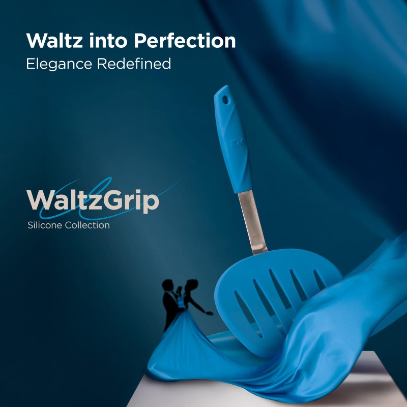 Kitchen Mama WaltzGrip Platinum Silicone Pancake Spatula Turner: Heat-Resistant  Slotted Tapered Head  Stainless Steel Core  Durable  Dishwasher-Safe  Ideal for Flipping and Wok Use (Blue) - Image 2