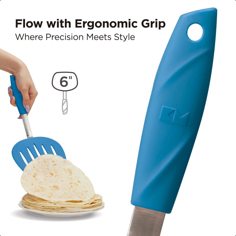 Kitchen Mama WaltzGrip Platinum Silicone Pancake Spatula Turner: Heat-Resistant  Slotted Tapered Head  Stainless Steel Core  Durable  Dishwasher-Safe  Ideal for Flipping and Wok Use (Blue) - Image 3