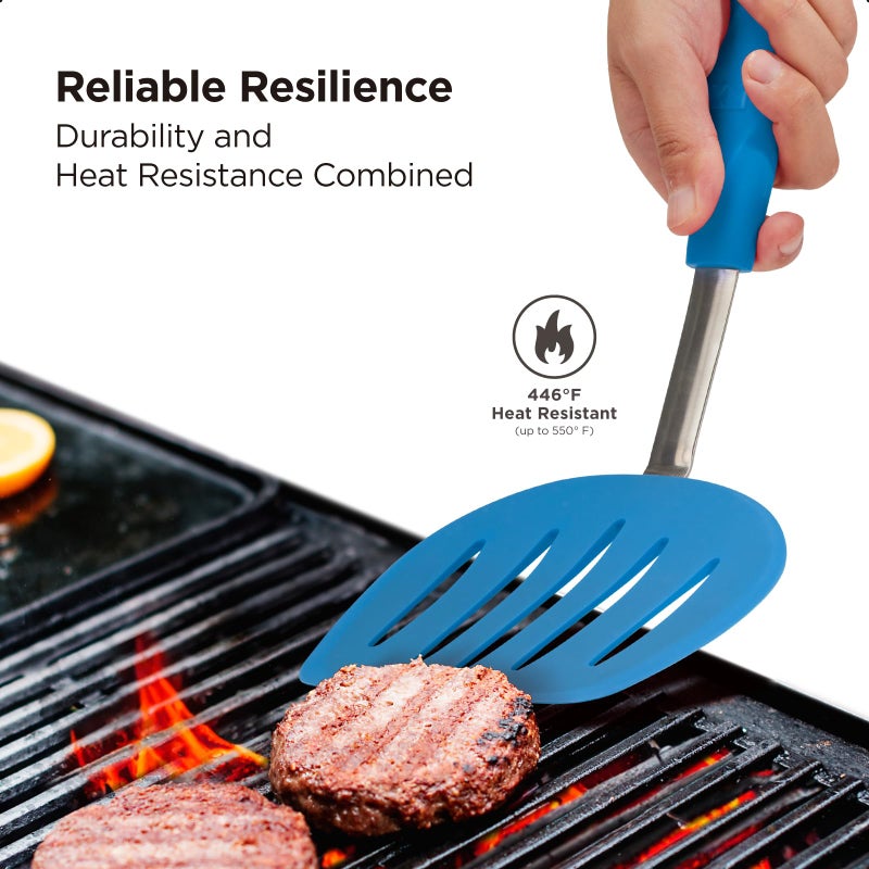 Kitchen Mama WaltzGrip Platinum Silicone Pancake Spatula Turner: Heat-Resistant  Slotted Tapered Head  Stainless Steel Core  Durable  Dishwasher-Safe  Ideal for Flipping and Wok Use (Blue) - Image 4