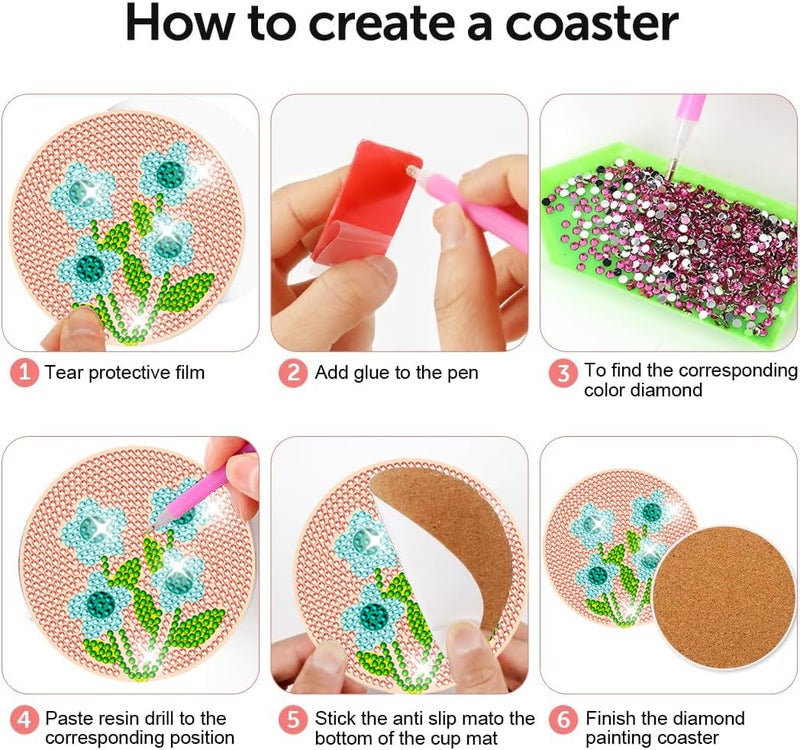 DOTZSO 8 Pcs Diamond Art Coasters Kit with Holder, Diamond Art Kits for Adults Beginners Small Diamond Painting Coasters, Arts and Crafts for Adults Supplies Item Sets (Flower) - Image 3