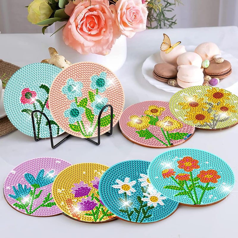 DOTZSO 8 Pcs Diamond Art Coasters Kit with Holder, Diamond Art Kits for Adults Beginners Small Diamond Painting Coasters, Arts and Crafts for Adults Supplies Item Sets (Flower) - Image 5