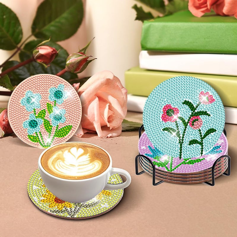 DOTZSO 8 Pcs Diamond Art Coasters Kit with Holder, Diamond Art Kits for Adults Beginners Small Diamond Painting Coasters, Arts and Crafts for Adults Supplies Item Sets (Flower) - Image 4