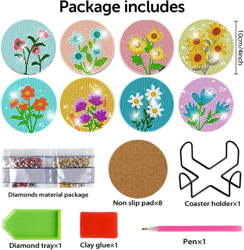 DOTZSO 8 Pcs Diamond Art Coasters Kit with Holder, Diamond Art Kits for Adults Beginners Small Diamond Painting Coasters, Arts and Crafts for Adults Supplies Item Sets (Flower) - Image 2