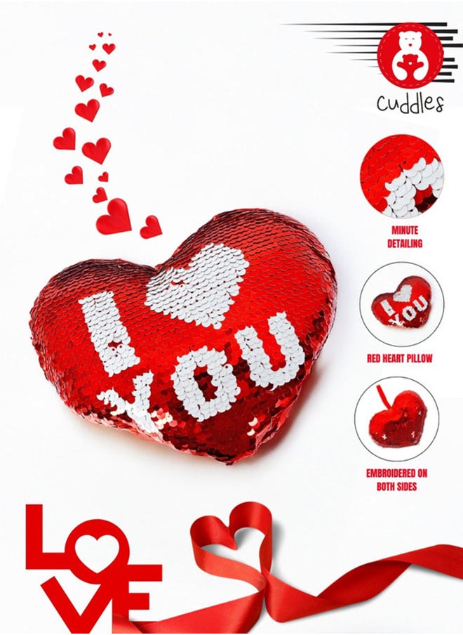 Cuddles - I LOVE YOU Sequin Pillow Gifts for Him And Her, Mini 8" Stuffed Heart Glitter Plush Cushion, Gifts For Girlfriend Boyfriend, Red - Image 1