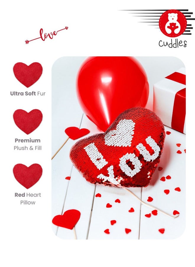 Cuddles - I LOVE YOU Sequin Pillow Gifts for Him And Her, Mini 8" Stuffed Heart Glitter Plush Cushion, Gifts For Girlfriend Boyfriend, Red - Image 1