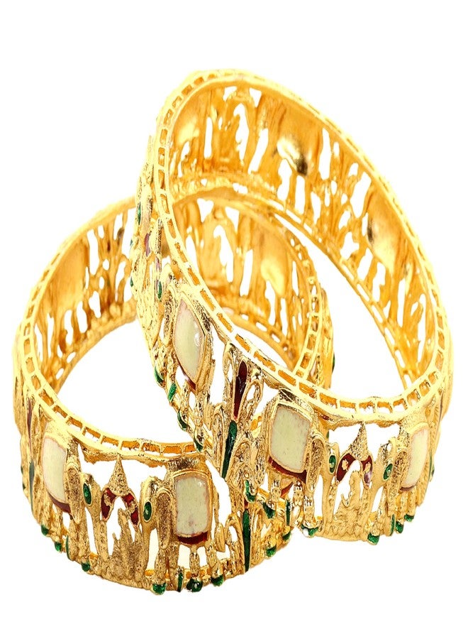 LAVAZZA Traditional Gold Metal Bangles Set with Elephant & Bridal Palki Design For Women & Girls with Red & Green Enamel Work | Antique Girl's Bangles Bracelet Kangan-(LV_RKM35-GoldMulti-2.2) - Image 1