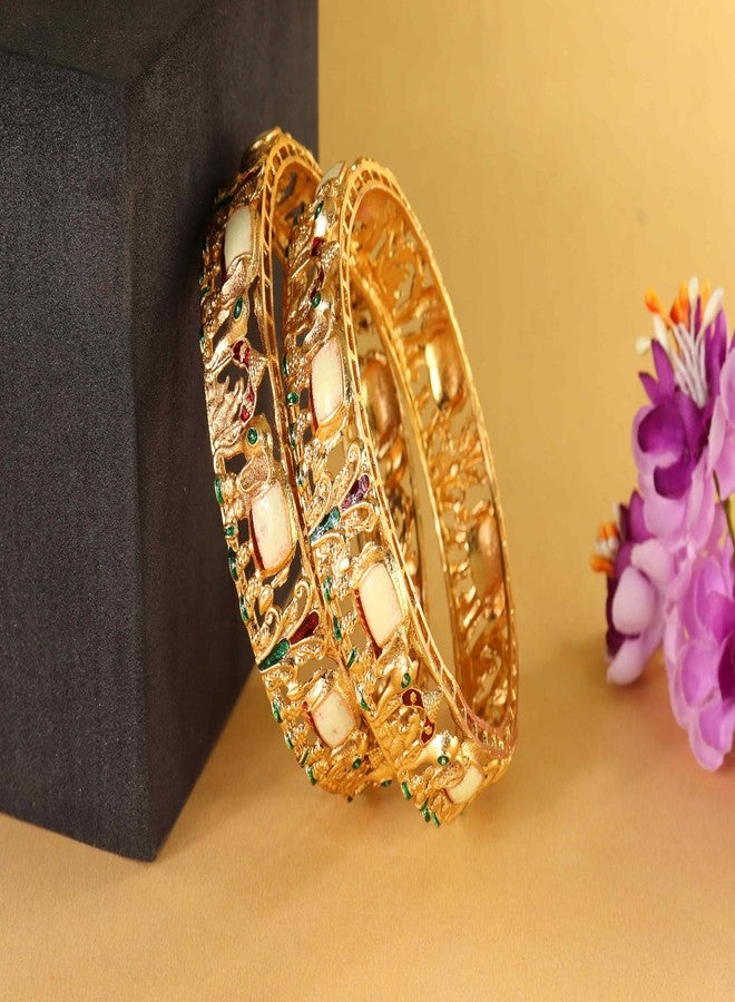LAVAZZA Traditional Gold Metal Bangles Set with Elephant & Bridal Palki Design For Women & Girls with Red & Green Enamel Work | Antique Girl's Bangles Bracelet Kangan-(LV_RKM35-GoldMulti-2.2) - Image 3