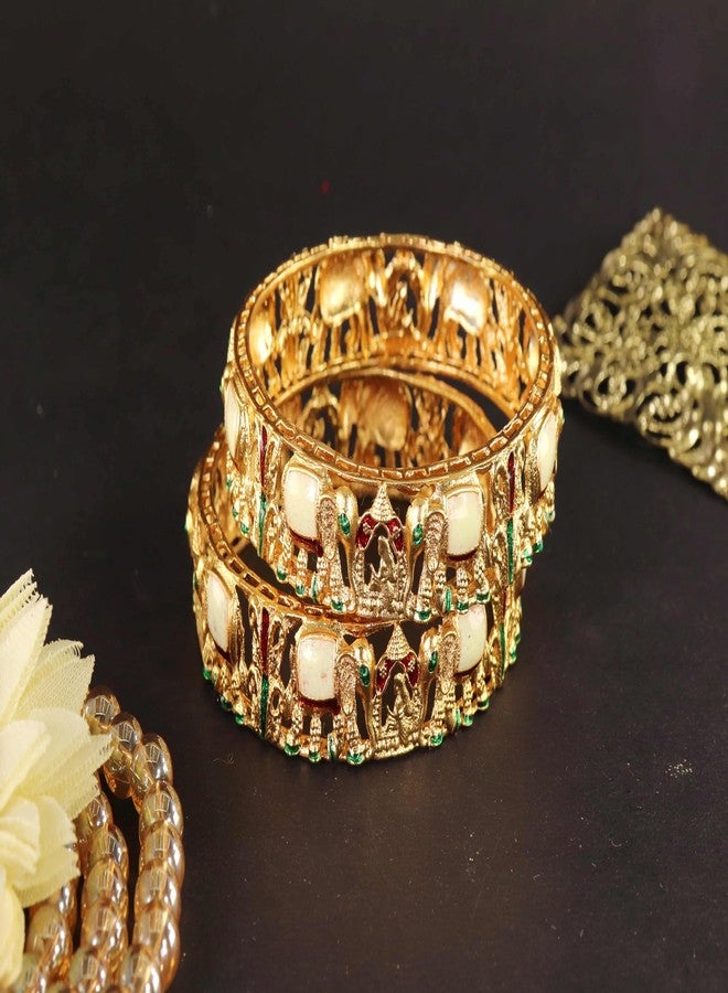 LAVAZZA Traditional Gold Metal Bangles Set with Elephant & Bridal Palki Design For Women & Girls with Red & Green Enamel Work | Antique Girl's Bangles Bracelet Kangan-(LV_RKM35-GoldMulti-2.2) - Image 4
