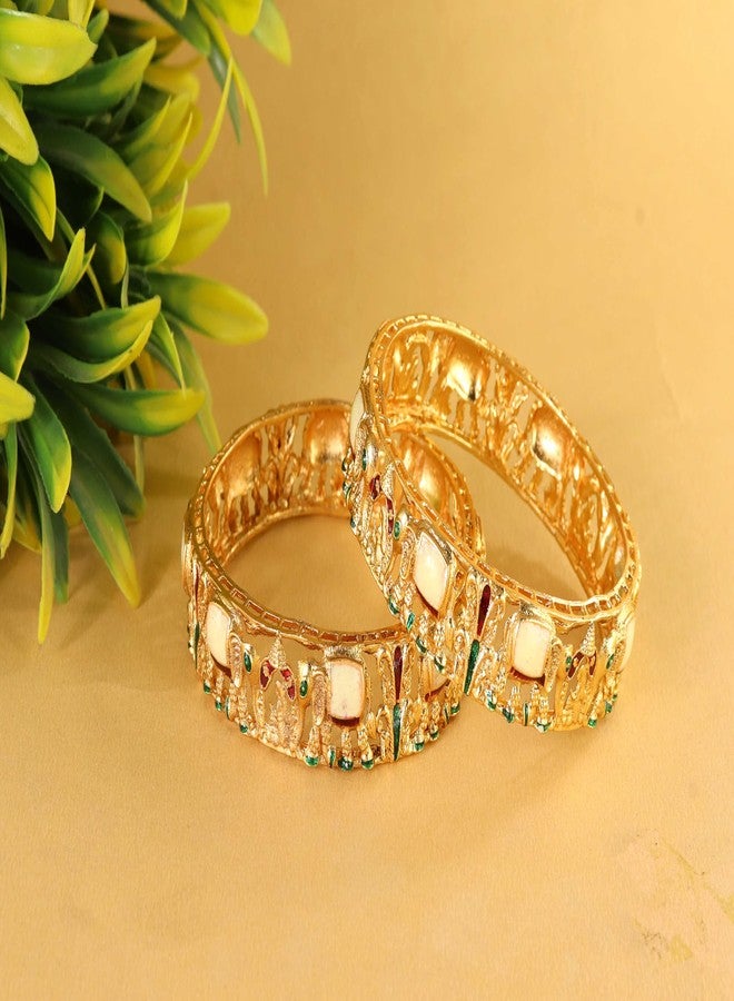 LAVAZZA Traditional Gold Metal Bangles Set with Elephant & Bridal Palki Design For Women & Girls with Red & Green Enamel Work | Antique Girl's Bangles Bracelet Kangan-(LV_RKM35-GoldMulti-2.2) - Image 2