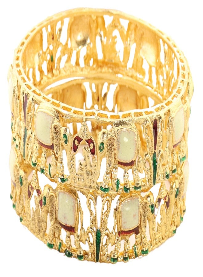 LAVAZZA Traditional Gold Metal Bangles Set with Elephant & Bridal Palki Design For Women & Girls with Red & Green Enamel Work | Antique Girl's Bangles Bracelet Kangan-(LV_RKM35-GoldMulti-2.2) - Image 5