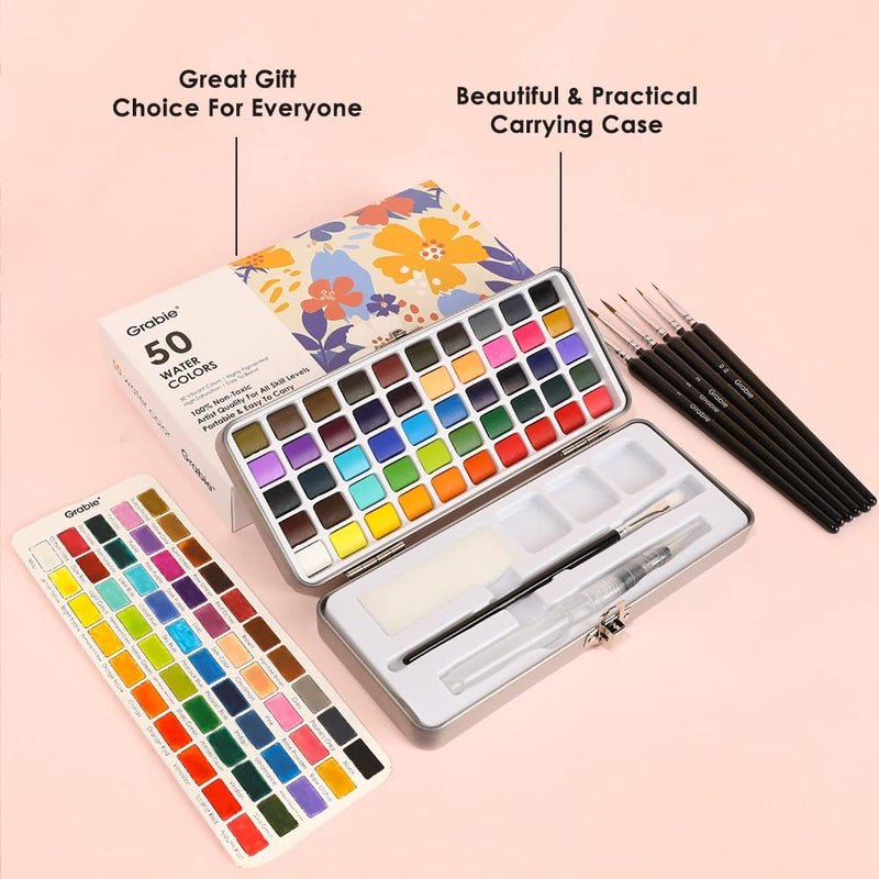 Grabie 50 Colors Watercolor Paint Set, Detail Paint Brush Included, Watercolor Paints, Painting Sets, Art Supplies for Painting, Travel Watercolor Set, Amateur Hobbyists - Image 5