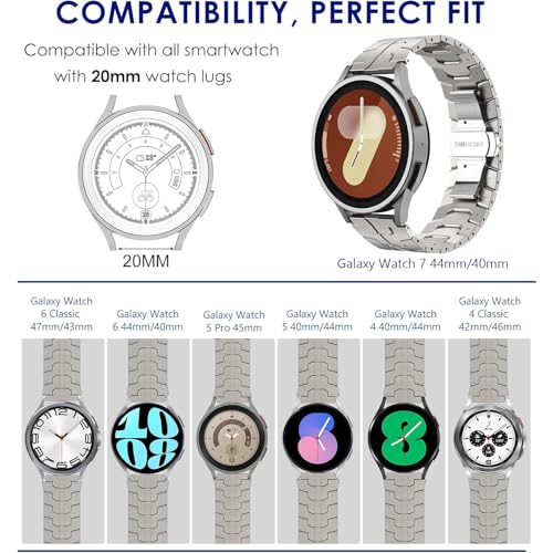 WINGLE Metal Bands for Samsung Galaxy Watch 7 6 5 4 Band Watch 6 Classic/5 Pro/4 Classic/FE Band Men 47mm 43mm 46mm 42mm 45mm 44mm 40mm, 20mm Stainless Steel Bands Galaxy Watch 3 41mm, Titanium - Image 2