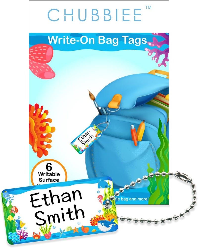 CHUBBIEE Child ID Bag Tags, Write-On Kids Name Tags for Backpack, Lunchbox & Diaper Bag, Great for Preschool & Daycare, Pack of 6 (Blue Ocean) - Image 1
