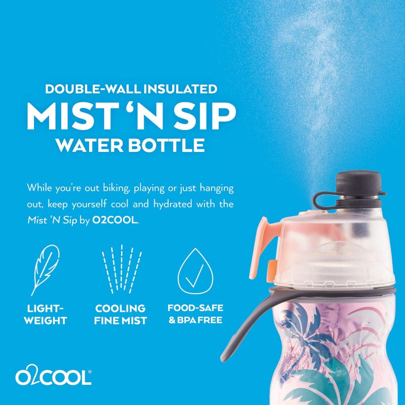 O2COOL Mist 'N Sip Misting Water Bottle 2-in-1 Mist And Sip Function With No Leak Pull Top Spout Reusable Sports Water Bottle - 20 oz (Pink Palm Tree) - Image 2