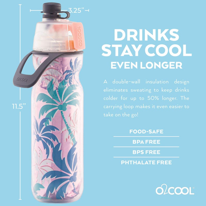 O2COOL Mist 'N Sip Misting Water Bottle 2-in-1 Mist And Sip Function With No Leak Pull Top Spout Reusable Sports Water Bottle - 20 oz (Pink Palm Tree) - Image 3