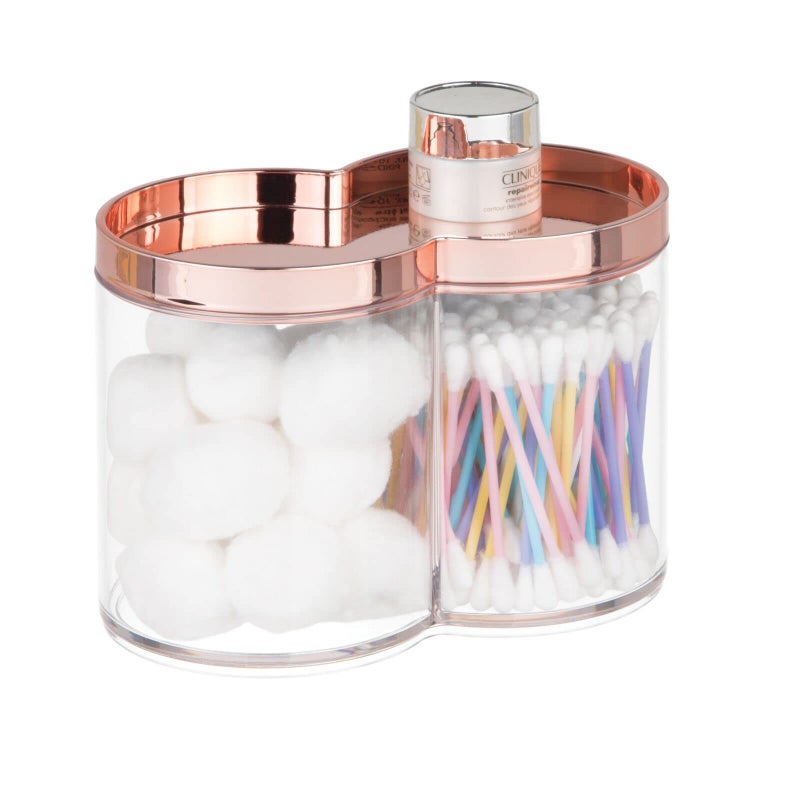 mDesign Plastic Canister Jar Organizer Set with Storage Lid - Home Decor Holder for Bathroom/Restroom Vanity Countertop, Cabinet - Holds Cotton Balls, Soap - Lumiere Collection - Clear/Rose Gold - Image 1