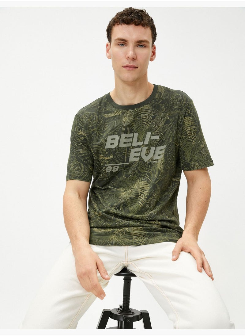 KOTON - Slogan Printed T-Shirt Leaf Detailed Crew Neck Cotton - Image 1