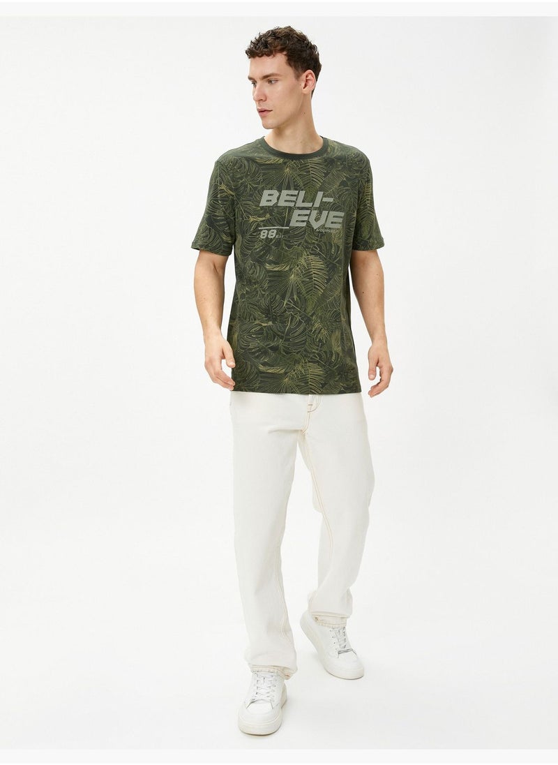 KOTON - Slogan Printed T-Shirt Leaf Detailed Crew Neck Cotton - Image 1