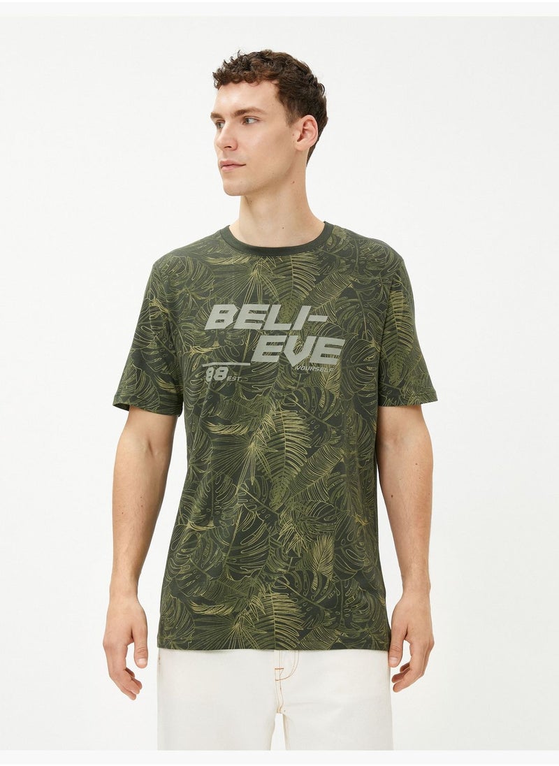 KOTON - Slogan Printed T-Shirt Leaf Detailed Crew Neck Cotton - Image 1
