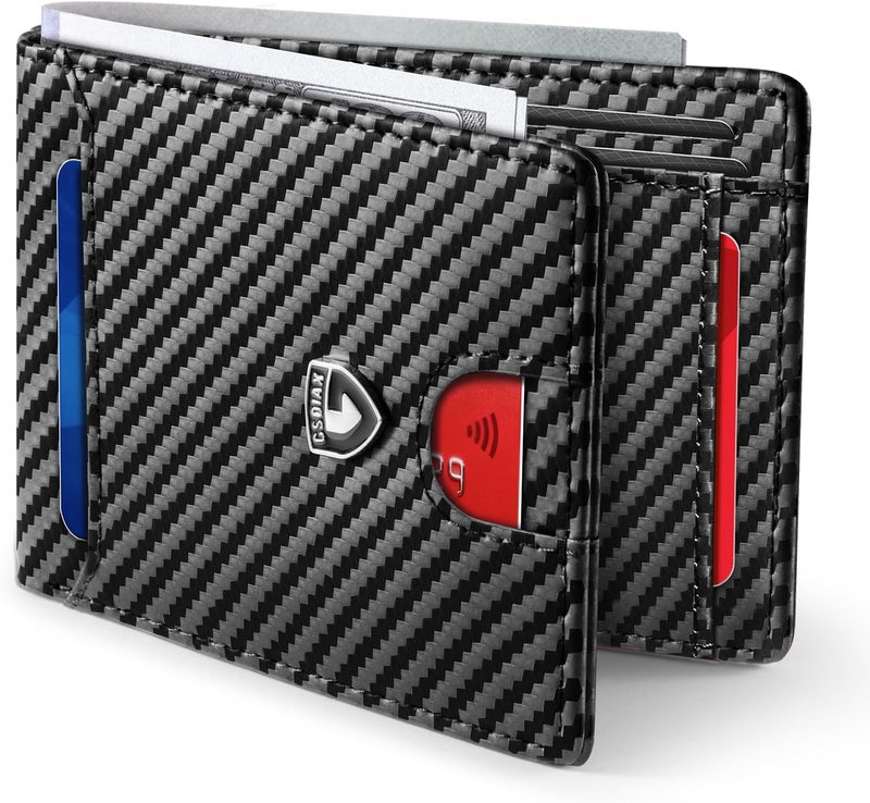 Mens Slim Wallet RFID Blocking Bifold wallets for men Minimalist Genuine Leather Carbon Fiber Card Holder Money Clip Thin Mens with Gift Box, Carbon Black-, 4.3" x 3" x 0.5", Slim