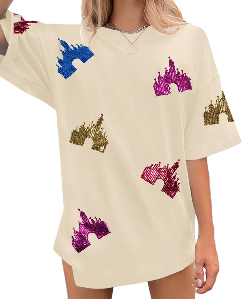 UNIQUEONE Magic Kingdom Shirts for Women Sequin Top Colorful Castle Graphic Tshirt Holiday Vacation Shirt Funny Cute Tee Tops - Image 1