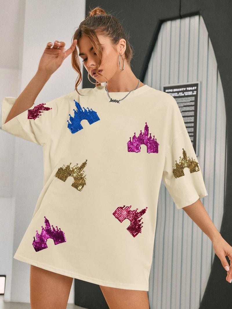 UNIQUEONE Magic Kingdom Shirts for Women Sequin Top Colorful Castle Graphic Tshirt Holiday Vacation Shirt Funny Cute Tee Tops - Image 3